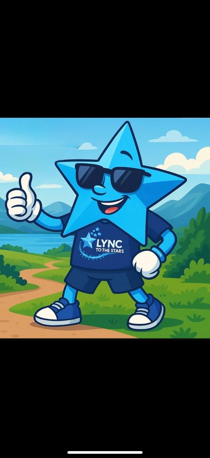 Buster, our friendly blue star, in his sunglasses and Lync shirt