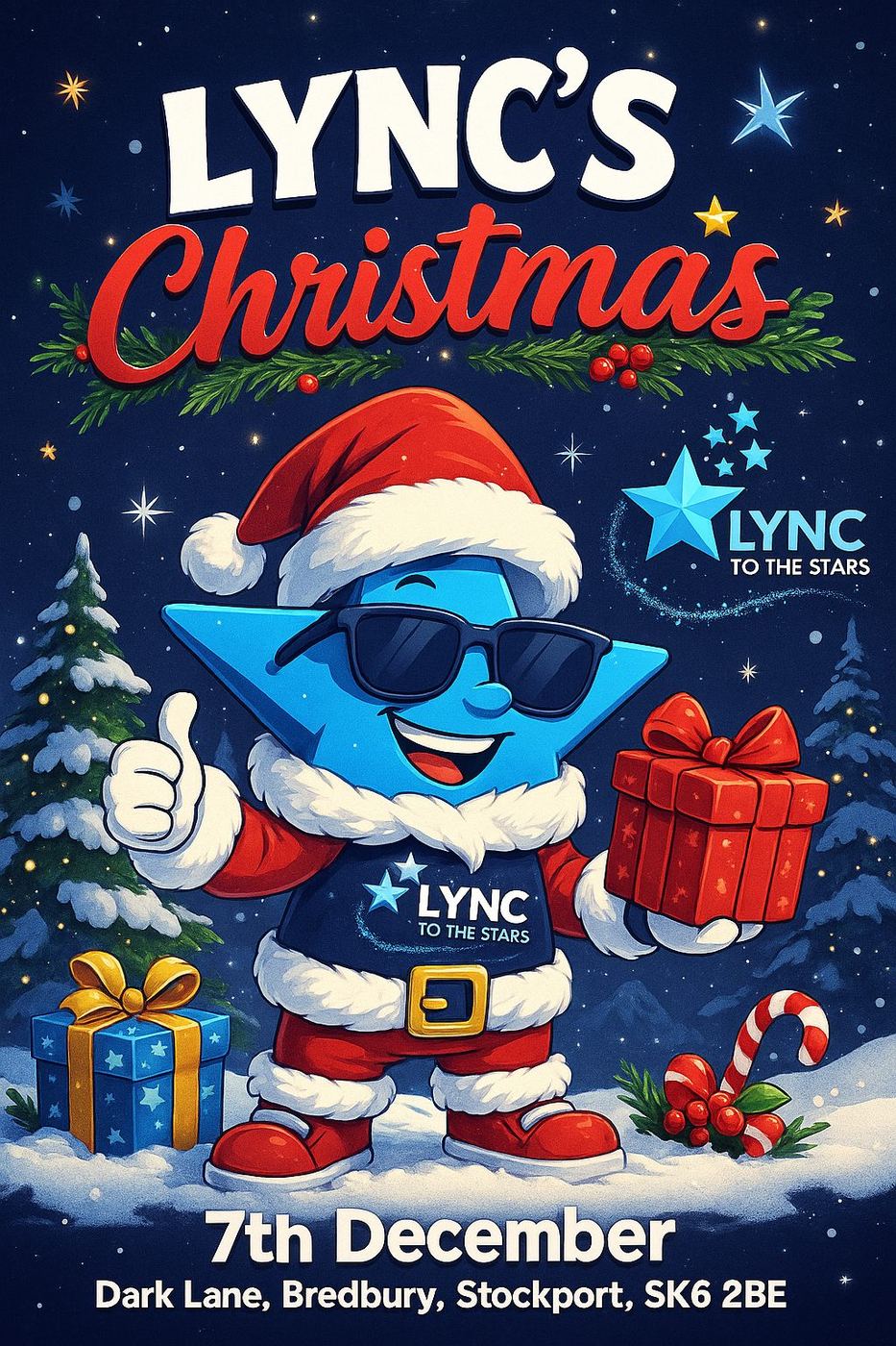 The Lync's Christmas poster with Buster dressed as Santa